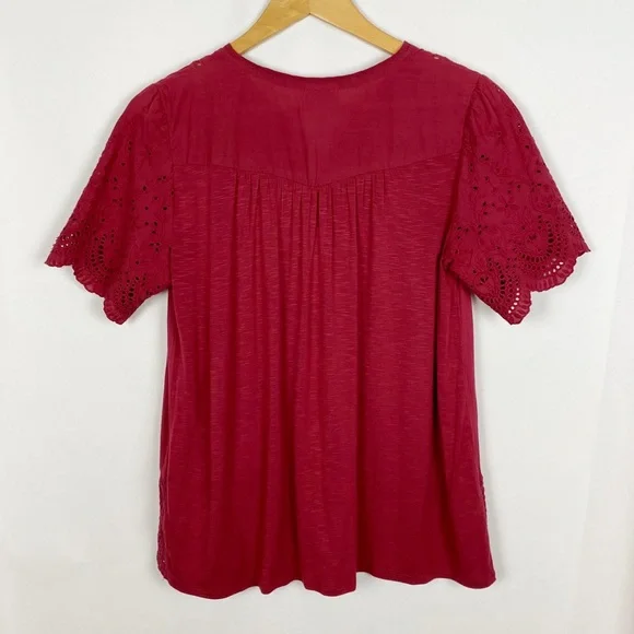 Knox Rose Flutter Sleeve Eyelet Peasant Boho Top Maroon Size Small - Picture 2 of 6